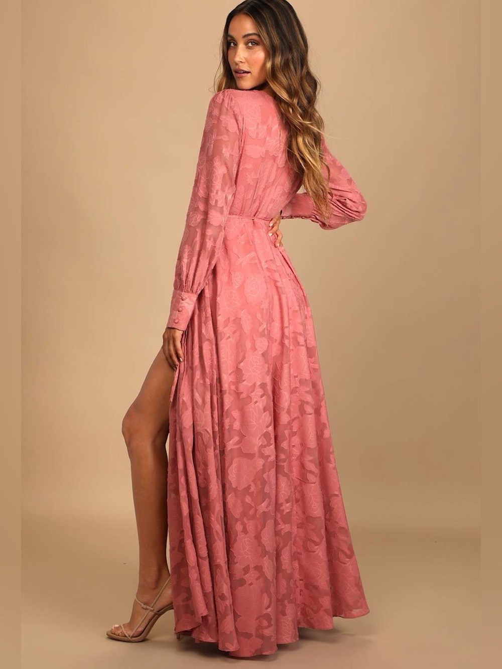 Lulus Kept Your Love Rose Pink Floral Jacquard Long Sleeve Maxi Dress Size XL - Picture 2 of 8